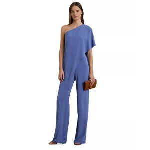265$ Lauren Ralph Lauren Cape Georgette One Shoulder Jumpsuit Size 4 Blue